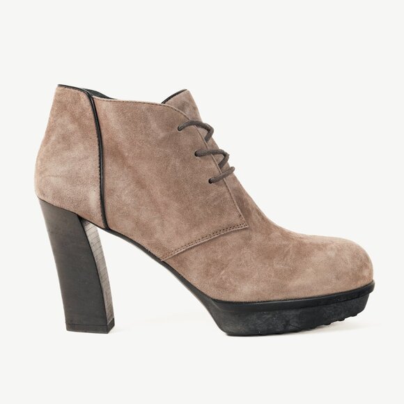 Tod's Taupe Suede Rubber Sole Platform Heel Bootie - Picture 1 of 12